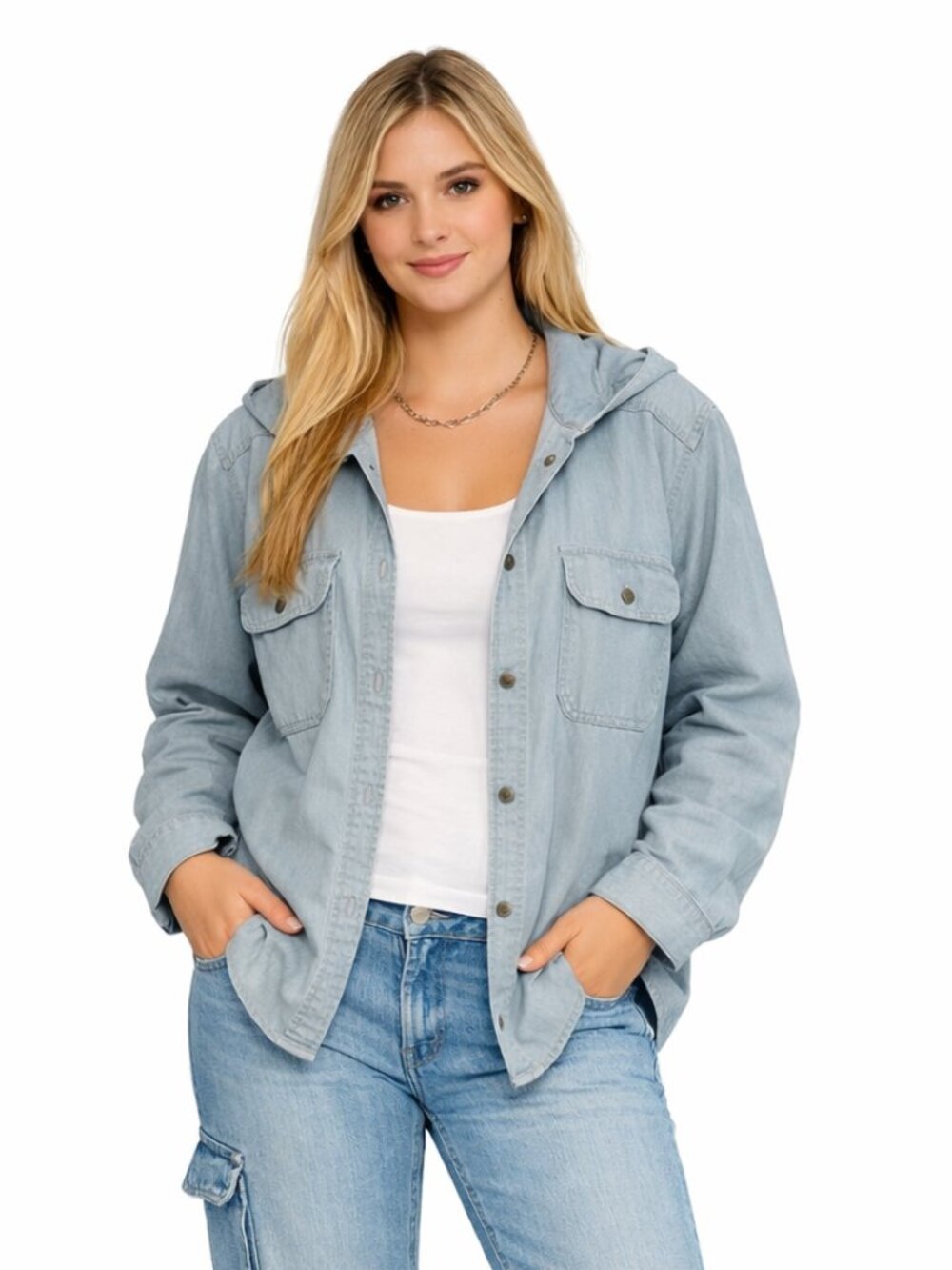 Carhartt Womens Chambray Hooded Shirt Jacket Light Blue Shacket XL